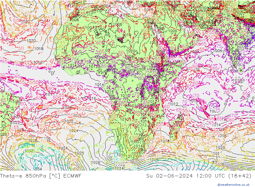 Theta-e 850hPa ECMWF dom 02.06.2024 12 UTC