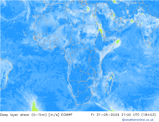 Deep layer shear (0-1km) ECMWF vie 31.05.2024 21 UTC