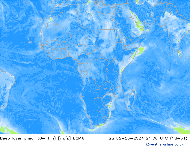 Deep layer shear (0-1km) ECMWF Su 02.06.2024 21 UTC