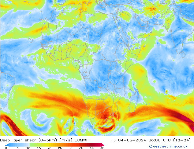 Deep layer shear (0-6km) ECMWF Ter 04.06.2024 06 UTC