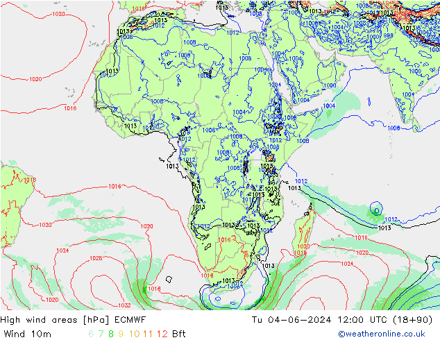 High wind areas ECMWF вт 04.06.2024 12 UTC