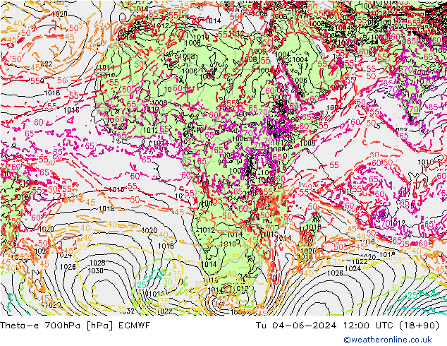 Theta-e 700hPa ECMWF Sa 04.06.2024 12 UTC