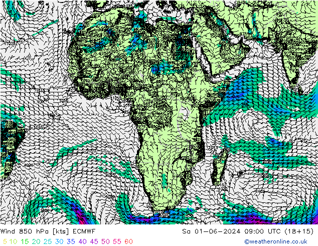 Vento 850 hPa ECMWF Sáb 01.06.2024 09 UTC