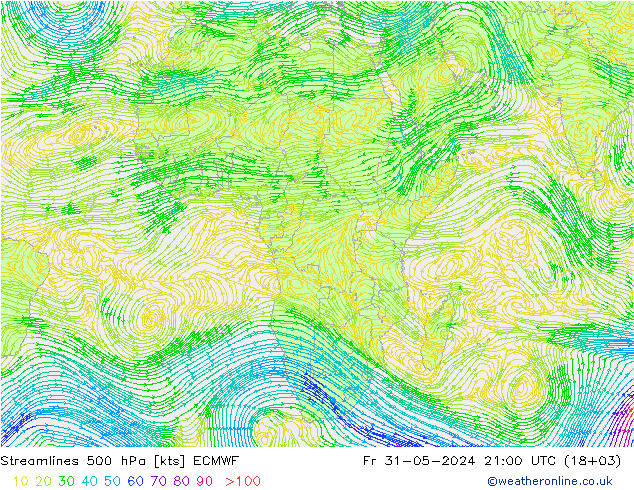 Linia prądu 500 hPa ECMWF pt. 31.05.2024 21 UTC