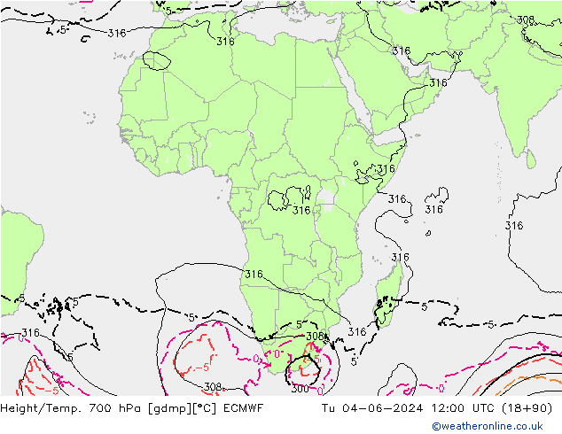 Height/Temp. 700 hPa ECMWF Tu 04.06.2024 12 UTC