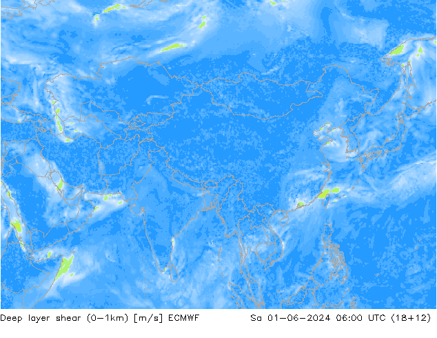 Deep layer shear (0-1km) ECMWF Cts 01.06.2024 06 UTC