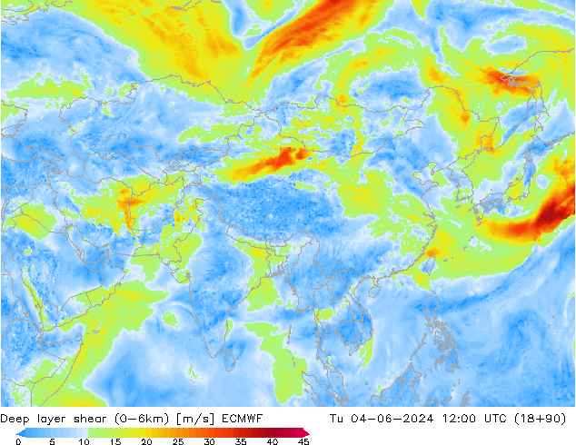Deep layer shear (0-6km) ECMWF wto. 04.06.2024 12 UTC