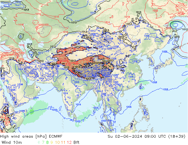 High wind areas ECMWF Вс 02.06.2024 09 UTC