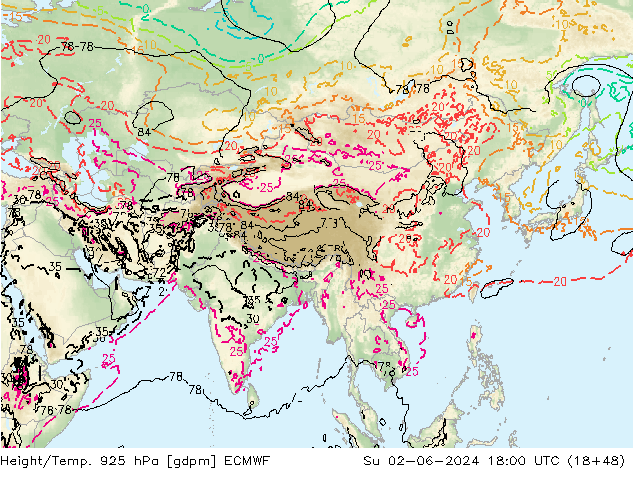 Height/Temp. 925 гПа ECMWF Вс 02.06.2024 18 UTC