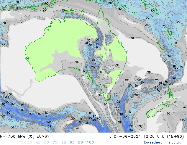 RH 700 hPa ECMWF Út 04.06.2024 12 UTC