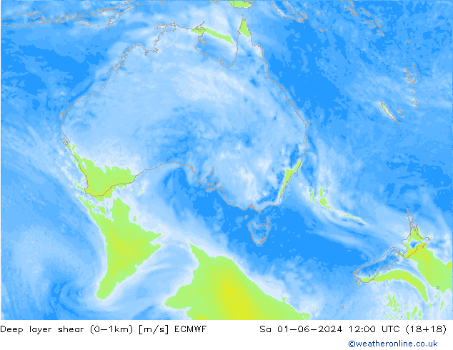 Deep layer shear (0-1km) ECMWF so. 01.06.2024 12 UTC