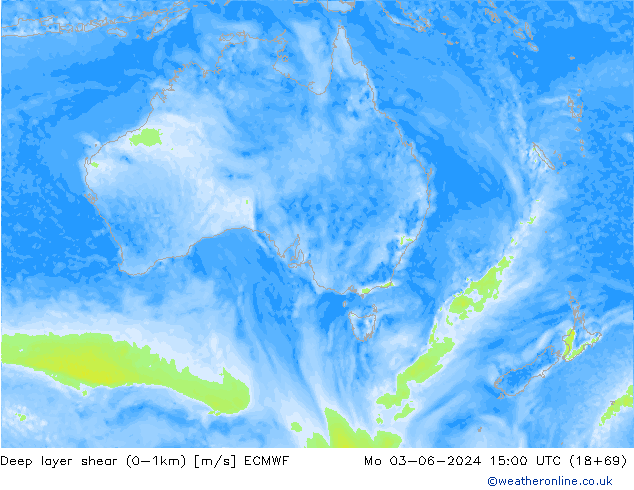 Deep layer shear (0-1km) ECMWF Po 03.06.2024 15 UTC