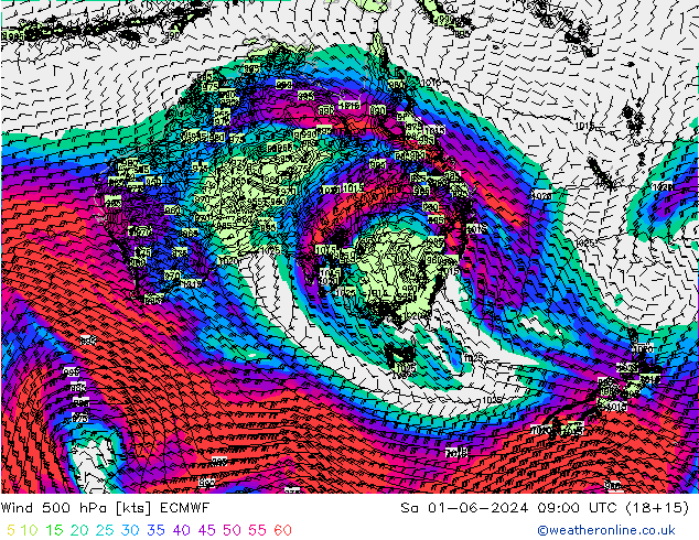 Vento 500 hPa ECMWF sab 01.06.2024 09 UTC