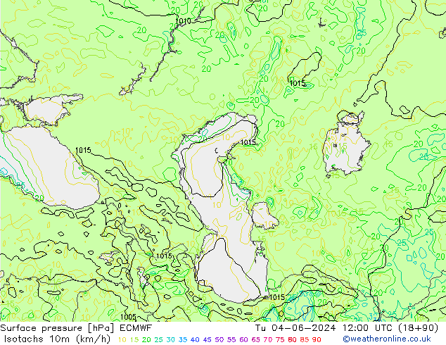 Isotachen (km/h) ECMWF Di 04.06.2024 12 UTC