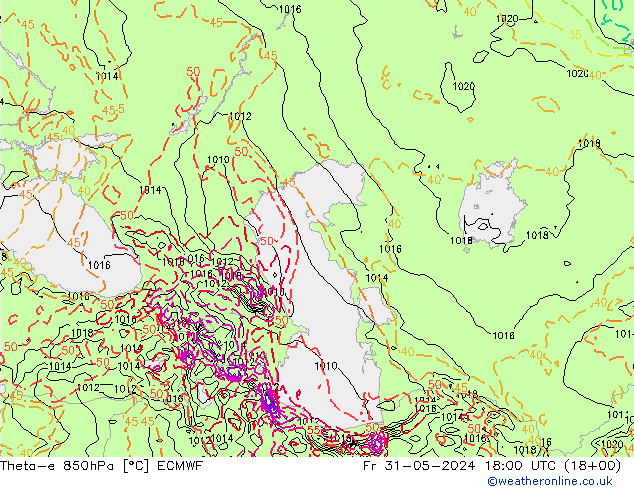 Theta-e 850hPa ECMWF Fr 31.05.2024 18 UTC