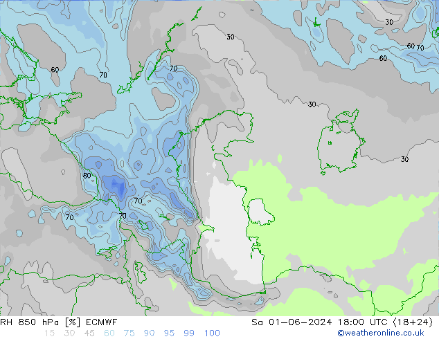 RH 850 hPa ECMWF so. 01.06.2024 18 UTC