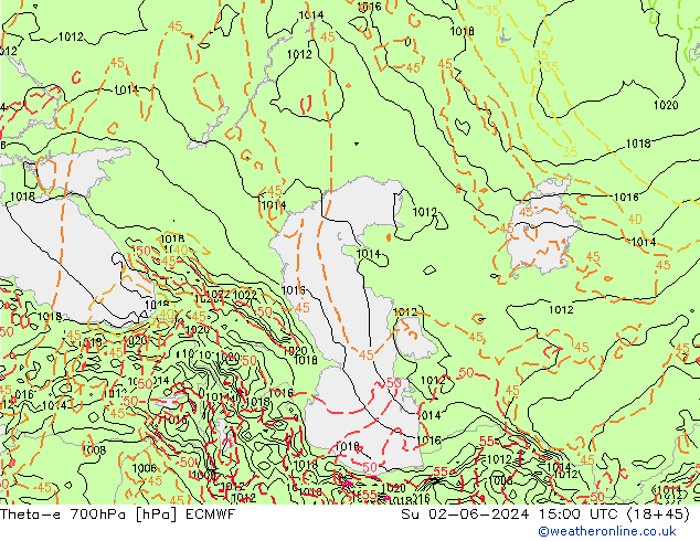 Theta-e 700hPa ECMWF Dom 02.06.2024 15 UTC