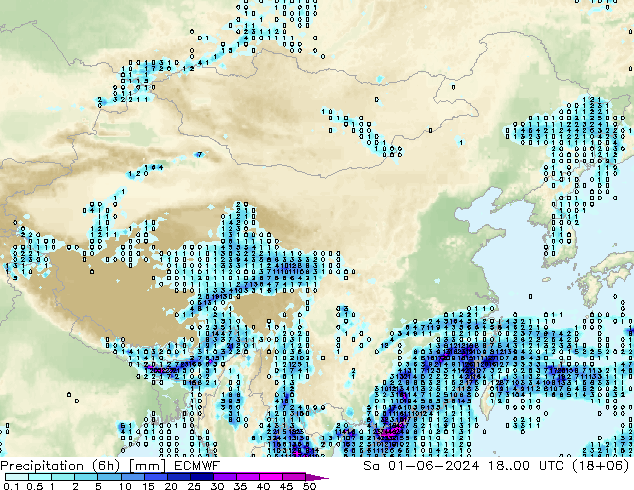 Precipitation (6h) ECMWF So 01.06.2024 00 UTC