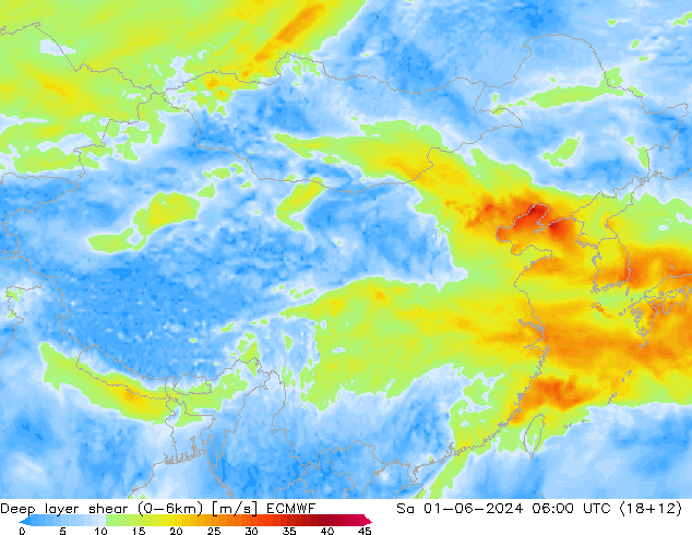 Deep layer shear (0-6km) ECMWF 星期六 01.06.2024 06 UTC