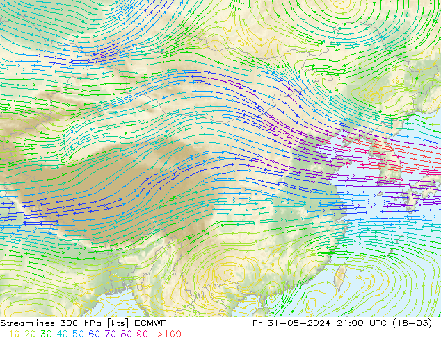 Streamlines 300 hPa ECMWF Fr 31.05.2024 21 UTC