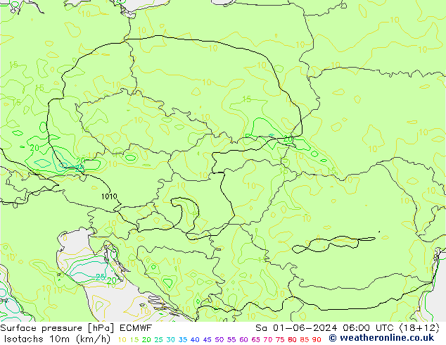 Isotachs (kph) ECMWF  01.06.2024 06 UTC