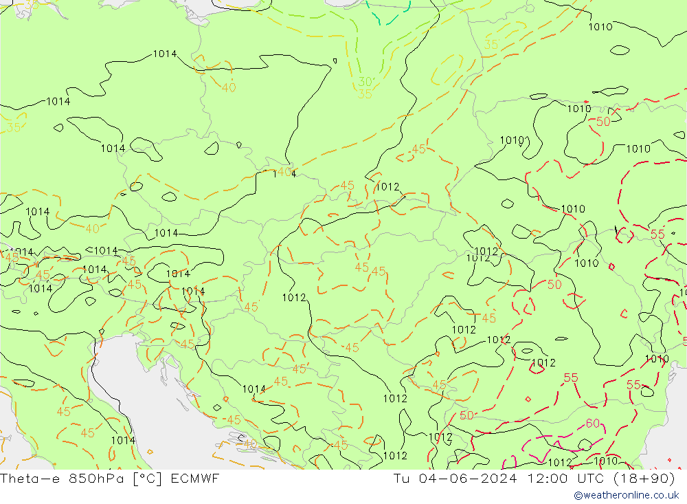 Theta-e 850hPa ECMWF wto. 04.06.2024 12 UTC