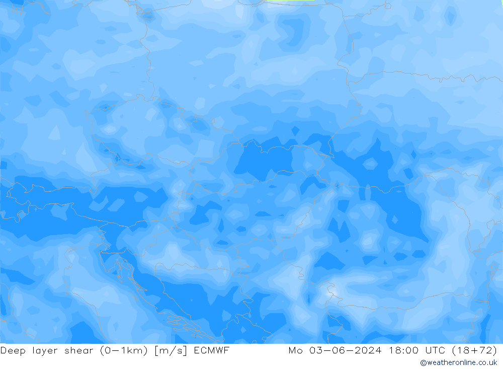 Deep layer shear (0-1km) ECMWF Mo 03.06.2024 18 UTC