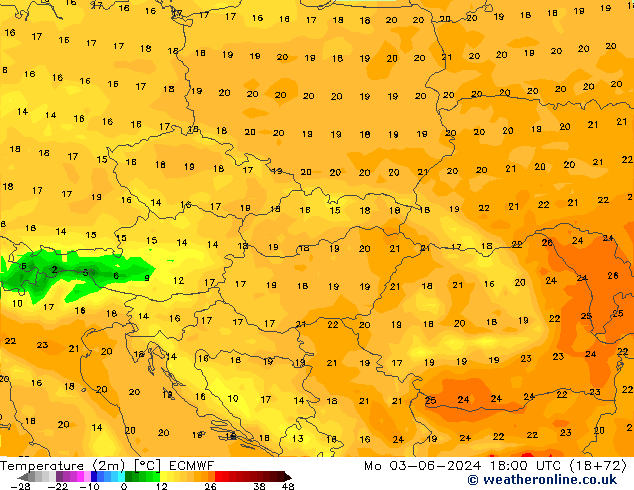 Temperaturkarte (2m) ECMWF Mo 03.06.2024 18 UTC