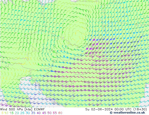 Wind 500 hPa ECMWF Su 02.06.2024 00 UTC