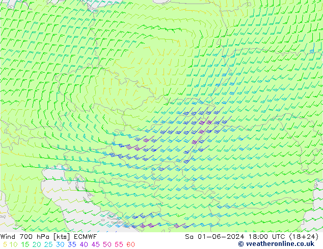 ветер 700 гПа ECMWF сб 01.06.2024 18 UTC