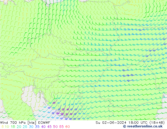 Wind 700 hPa ECMWF Su 02.06.2024 18 UTC