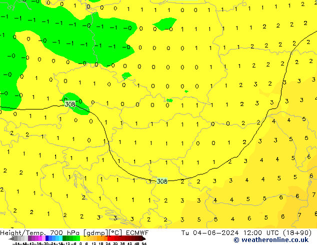 Height/Temp. 700 hPa ECMWF Di 04.06.2024 12 UTC