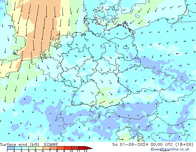 �N 10 米 (bft) ECMWF 星期六 01.06.2024 00 UTC