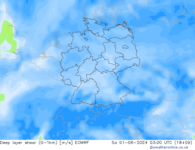 Deep layer shear (0-1km) ECMWF Sa 01.06.2024 03 UTC