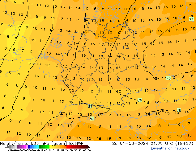 Height/Temp. 925 hPa ECMWF Sa 01.06.2024 21 UTC