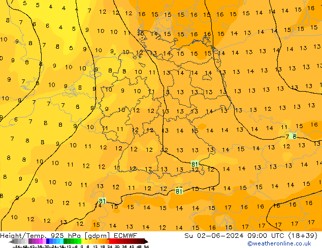 Yükseklik/Sıc. 925 hPa ECMWF Paz 02.06.2024 09 UTC