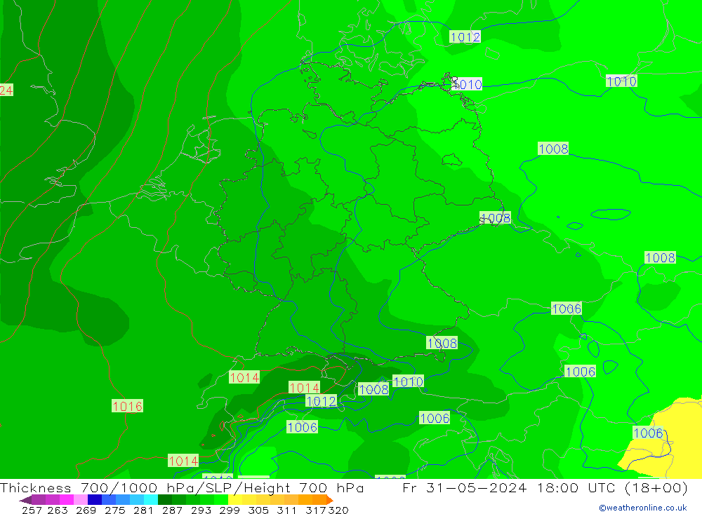 Thck 700-1000 hPa ECMWF ven 31.05.2024 18 UTC