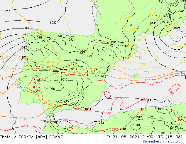 Theta-e 700hPa ECMWF Fr 31.05.2024 21 UTC