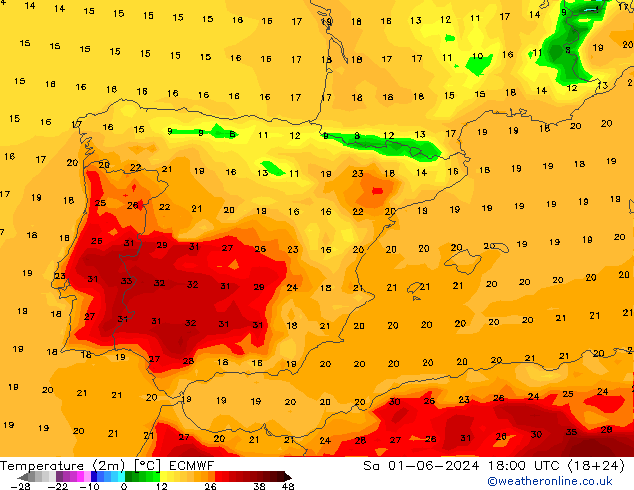 Temperatura (2m) ECMWF Sáb 01.06.2024 18 UTC