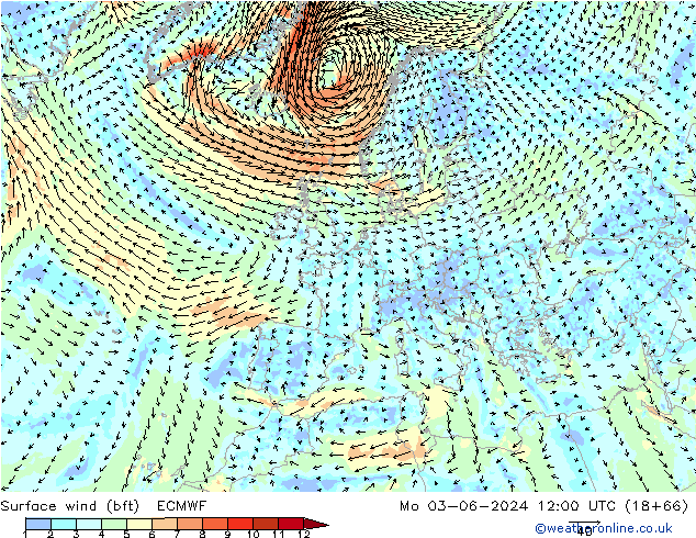 Surface wind (bft) ECMWF Po 03.06.2024 12 UTC