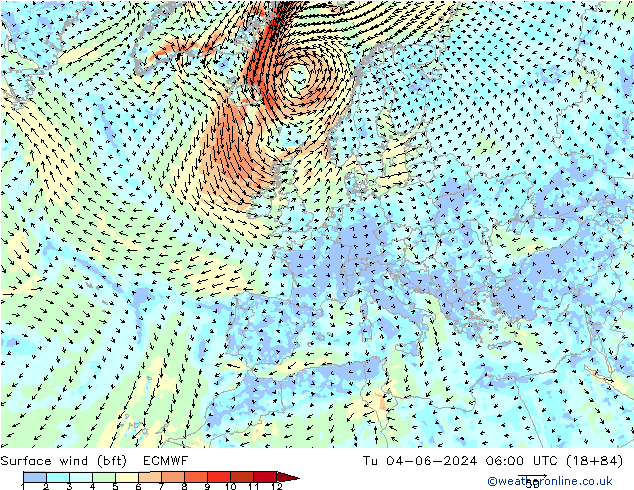 Wind 10 m (bft) ECMWF di 04.06.2024 06 UTC