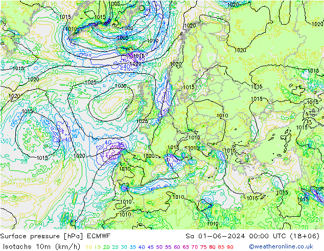 Isotachen (km/h) ECMWF Sa 01.06.2024 00 UTC