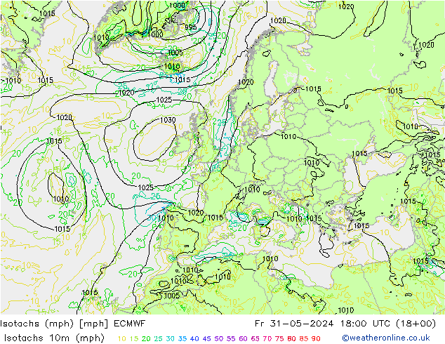 Isotachen (mph) ECMWF vr 31.05.2024 18 UTC