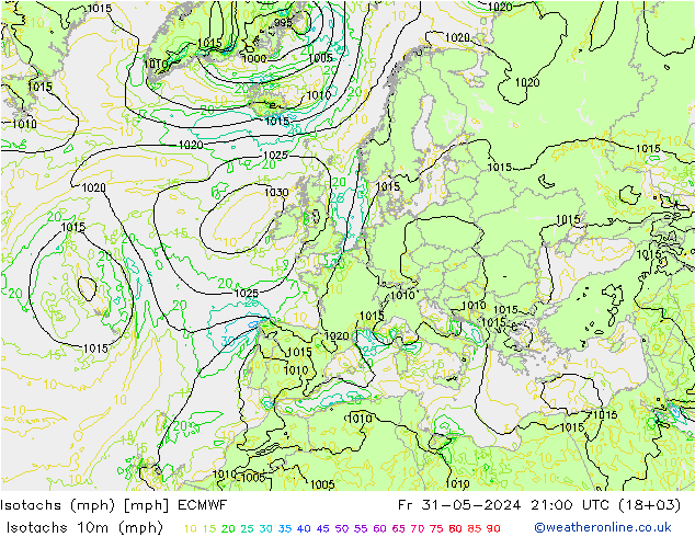 Isotachs (mph) ECMWF ven 31.05.2024 21 UTC