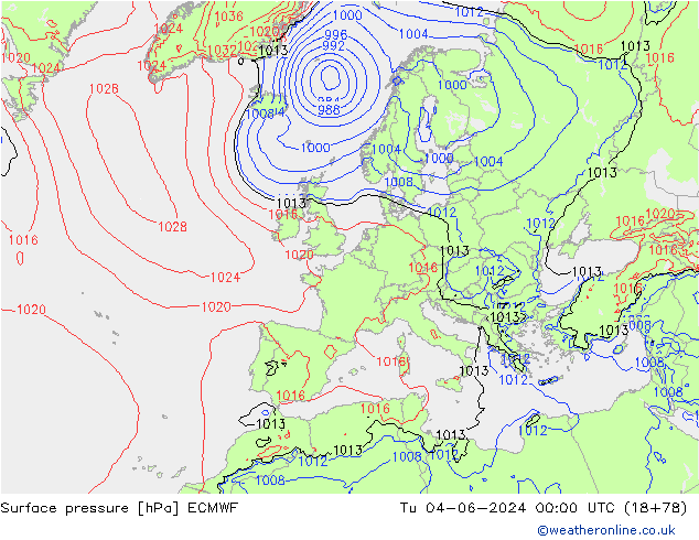 Surface pressure ECMWF Tu 04.06.2024 00 UTC