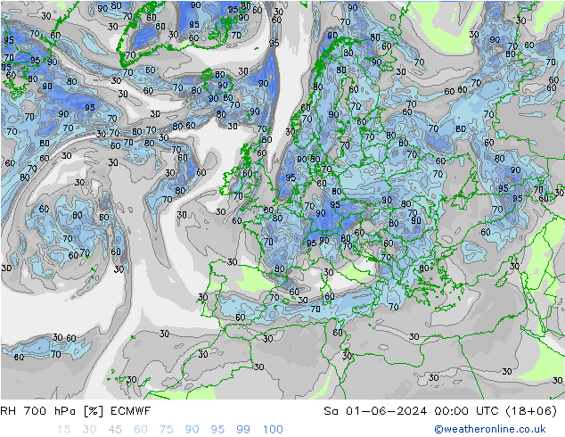 RH 700 hPa ECMWF so. 01.06.2024 00 UTC