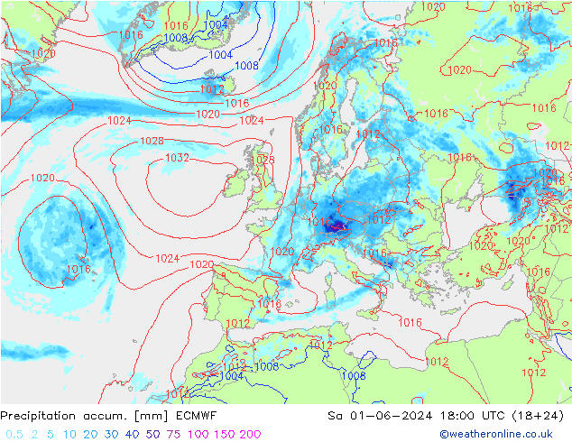 Precipitation accum. ECMWF 星期六 01.06.2024 18 UTC