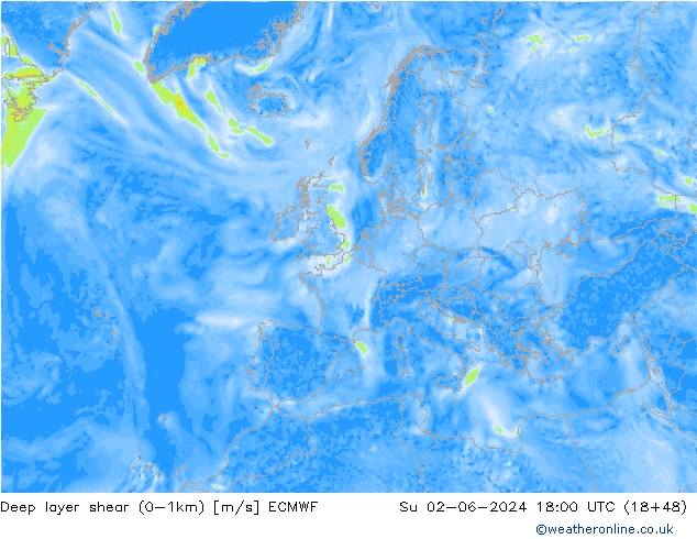 Deep layer shear (0-1km) ECMWF Su 02.06.2024 18 UTC