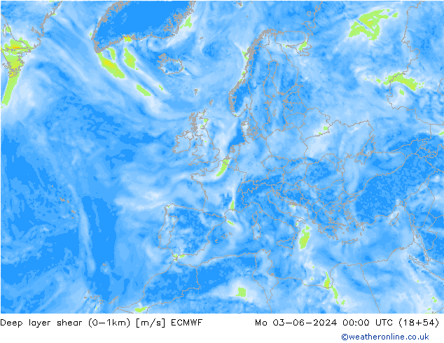 Deep layer shear (0-1km) ECMWF pon. 03.06.2024 00 UTC