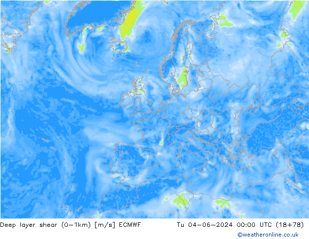 Deep layer shear (0-1km) ECMWF Sa 04.06.2024 00 UTC